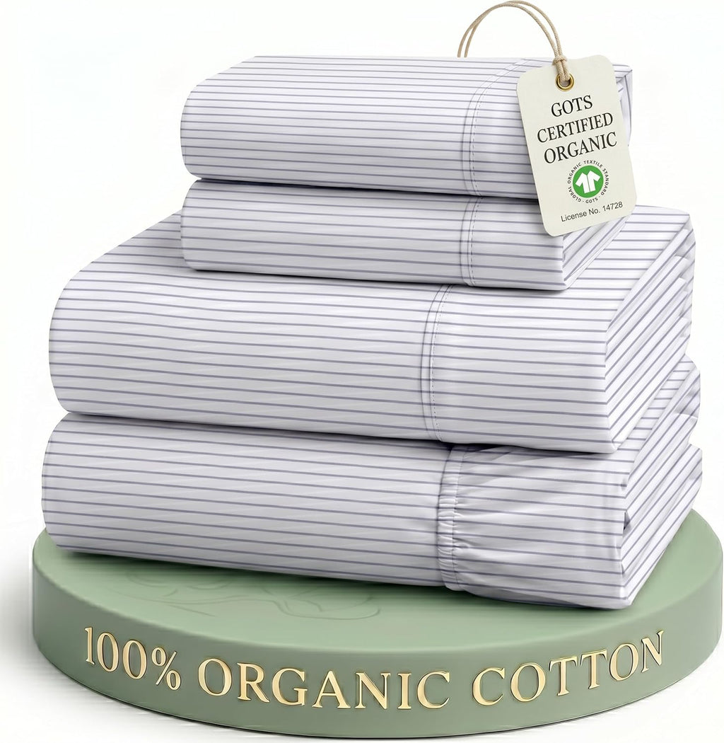 King Sheets 100% Organic Cotton 4Pc Percale - Ticking Stripe | King Sheet Set, 100% Organic Cotton Percale - Great for Gifting, Easy-Care Machine Washable, Breathable for Year-Round Sleep