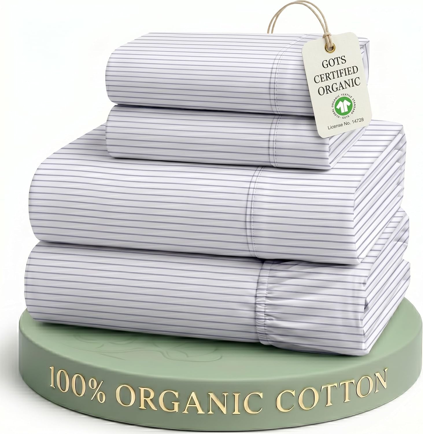 King Sheets 100% Organic Cotton 4Pc Percale - Ticking Stripe | King Sheet Set, 100% Organic Cotton Percale - Great for Gifting, Easy-Care Machine Washable, Breathable for Year-Round Sleep