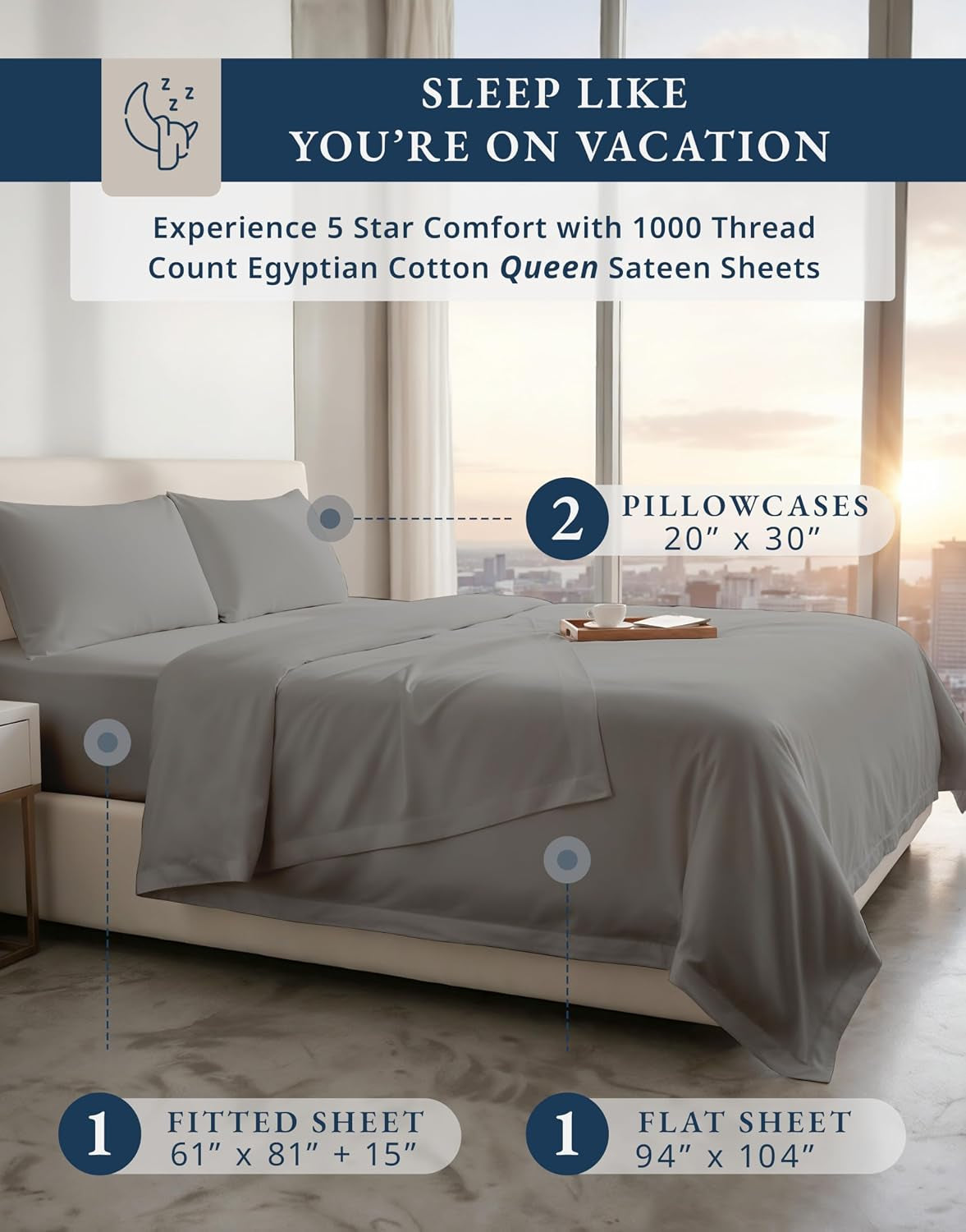 Sheets Queen Size Bed Set 100% Egyptian Cotton Sateen - Charcoal | Cooling Sheets Queen - 4-Piece Set, 16" Deep-Pocket Snug Fit, 1000 Thread Count, Styles a Master Bedroom, Cozy Feel