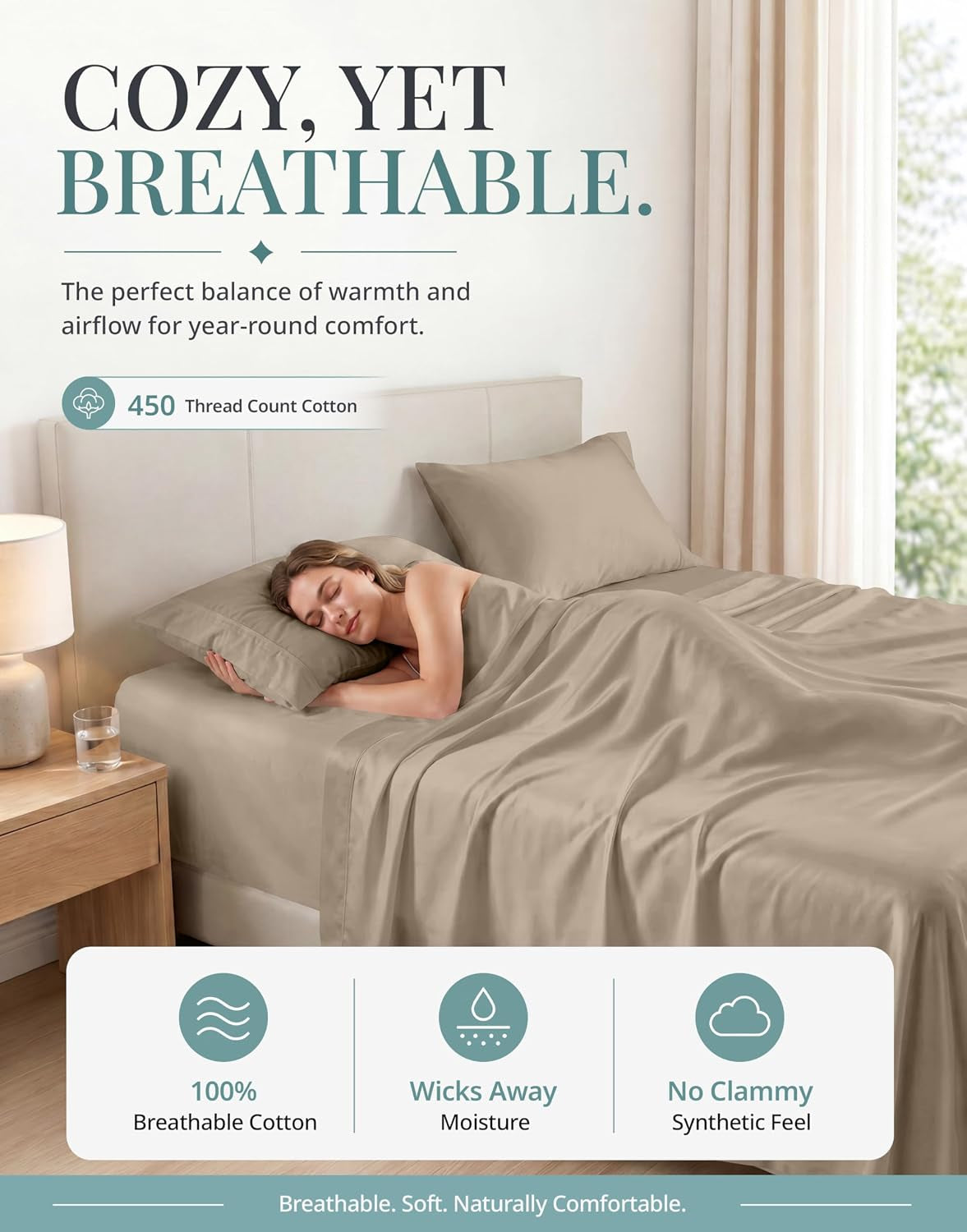 Queen Sheets - 450TC 100% Long-Staple Cotton Sateen Weave, Taupe | Soft & Breathable Queen Sheet Set - Cooling, Silky, Snug 15 Inch Deep Pocket, Hotel Luxury, OEKO-TEX Certified