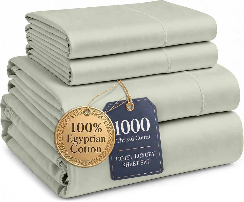 Bed Sheets Queen Size 100% Egyptian Cotton Sateen - Mineral | Deep Pocket Queen Sheets - 4-Piece Set, 16" Deep-Pocket Snug Fit, 1000 Thread Count, Styles a Master Bedroom, Plush