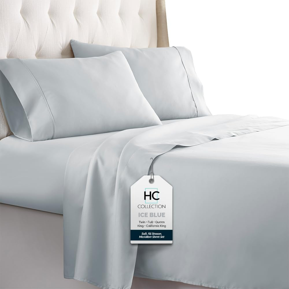Bed Sheets Set Queen with 2 Pillowcases, Hotel Luxury Platinum 1800 Series Brushed Microfiber Deep Pocket Fitted Sheet, Fade Resistant Ultra Soft 4 Pcs Bedding for Hot Sleepers, Ice Blue