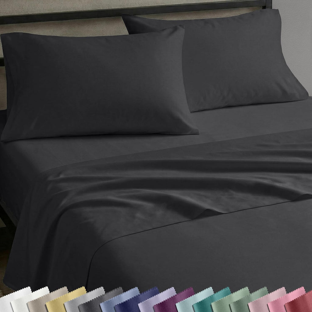Soft Natural 100% Cotton Sateen Bed Sheets Queen Size, 4 Pc Set, Dark Grey | Backed by Good Housekeeping Seal, Light & Breathable for Hot Sleepers, 14" Deep Pocket, All-Around Elastic, Durable
