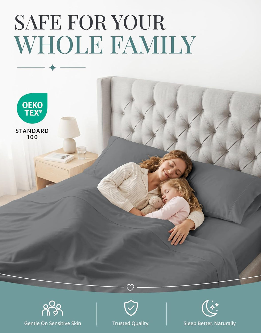 Bed Sheets Queen Size - 450TC 100% Cotton Sateen Weave, Charcoal | Soft, Breathable, Cooling & Silky Queen Sheet Set - 15 Inch Deep Pocket, OEKO-TEX Certified, Hotel Luxury
