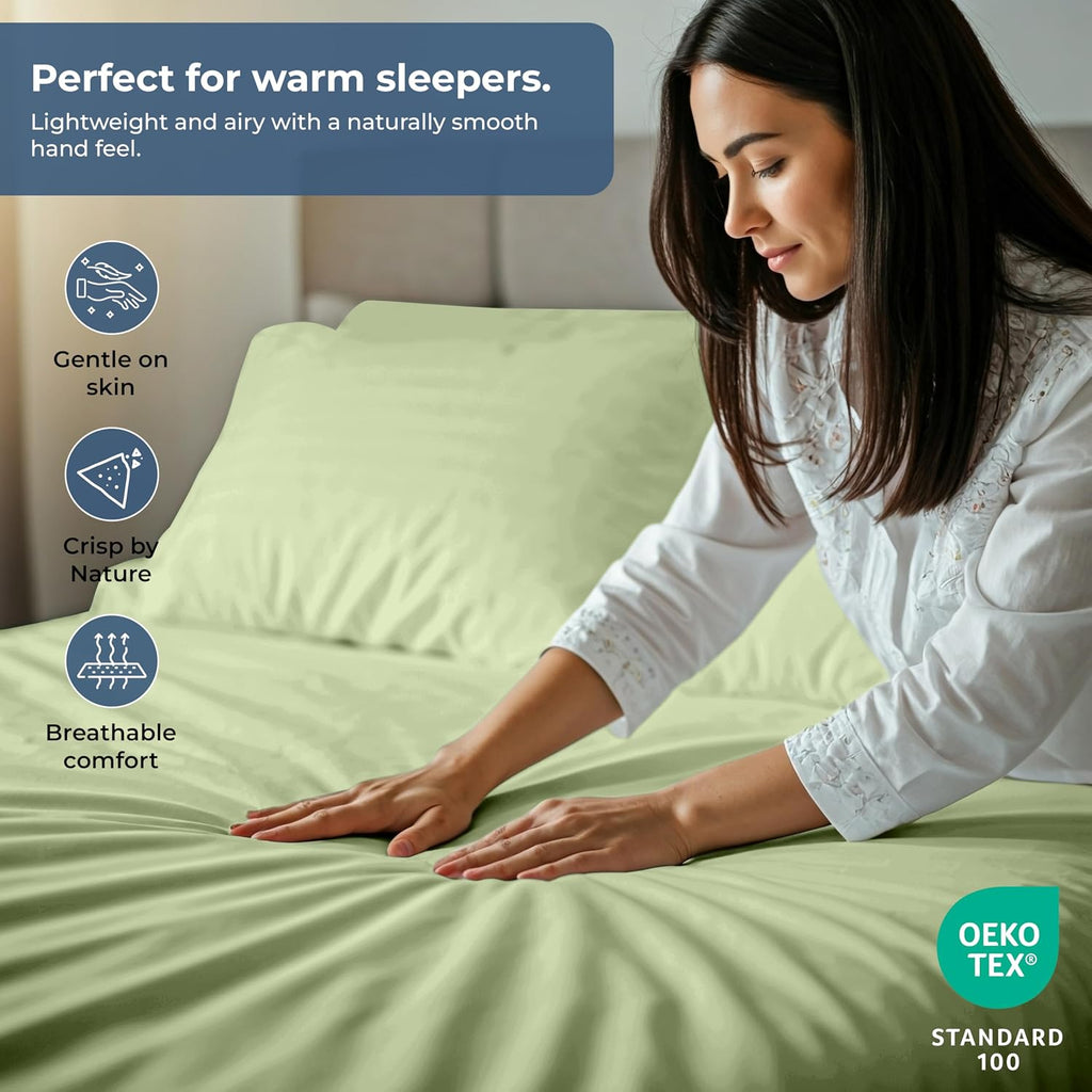 Royale Linen Fitted Sheet with Pillowcases - Queen Fitted Sheets with 2 Pillowcase - 300 Thread Count 100% Organic Cotton - Fit Mattress up to 18" Deep - Soft & Breathable - Sage Green (No Flat Sheet)