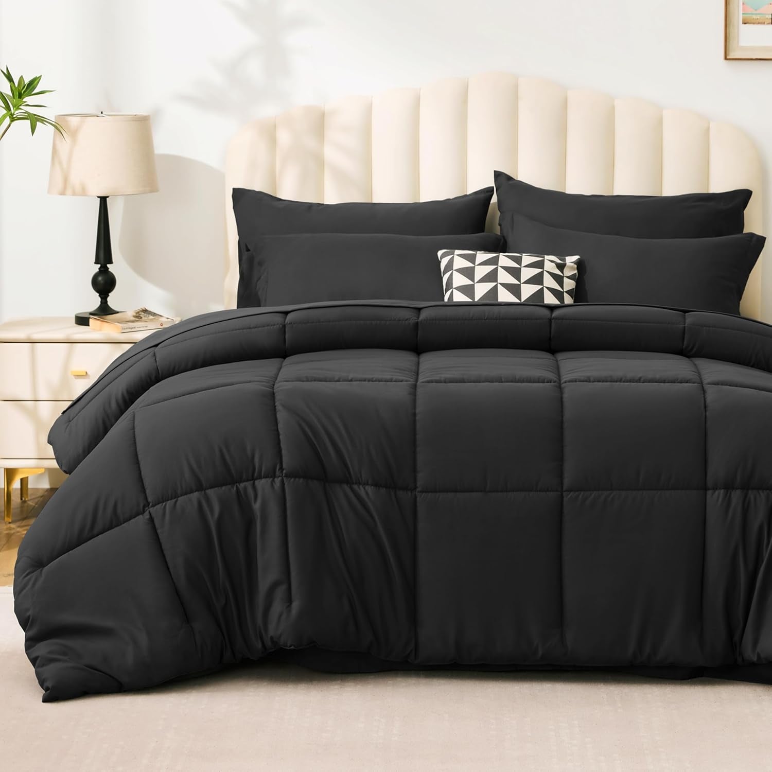Full Comforter Set Ash Black, 7 Pieces Full Bed in a Bag, All Season Bedding Sets with 1 Comforter, 1 Flat Sheet, 1 Fitted Sheet, 2 Pillowcase and 2 Pillow Sham