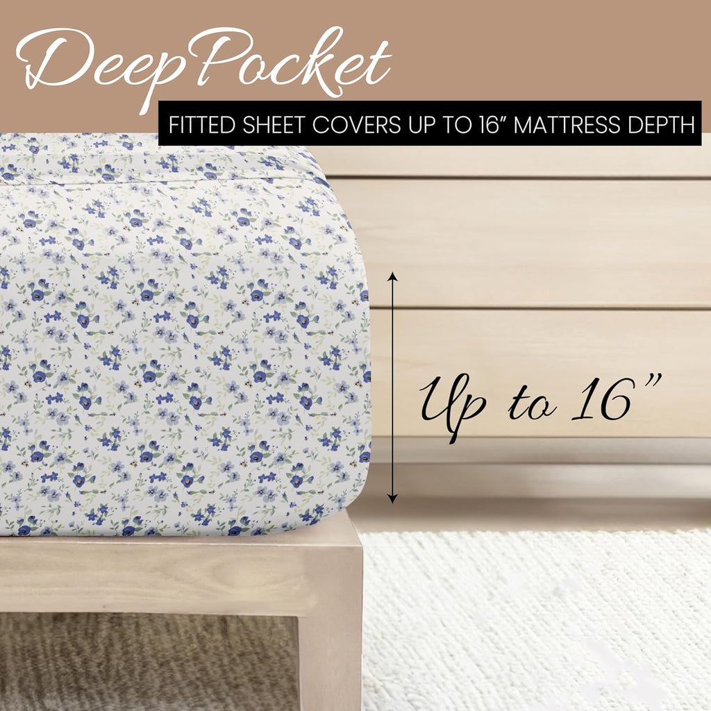 4 Piece Queen Sheet Set - Breathable, Double-Brushed Patterned Cooling Sheets – Ultra Soft & Wrinkle-Free 16" Deep-Pocket Queen Sheets - Easy Care Blossoms Light Blue