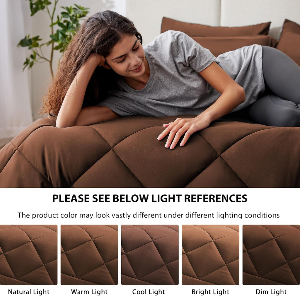Full Comforter Set Brown, 7 Pieces Full Bed in a Bag, All Season Bedding Sets with 1 Comforter, 1 Flat Sheet, 1 Fitted Sheet, 2 Pillowcase and 2 Pillow Sham