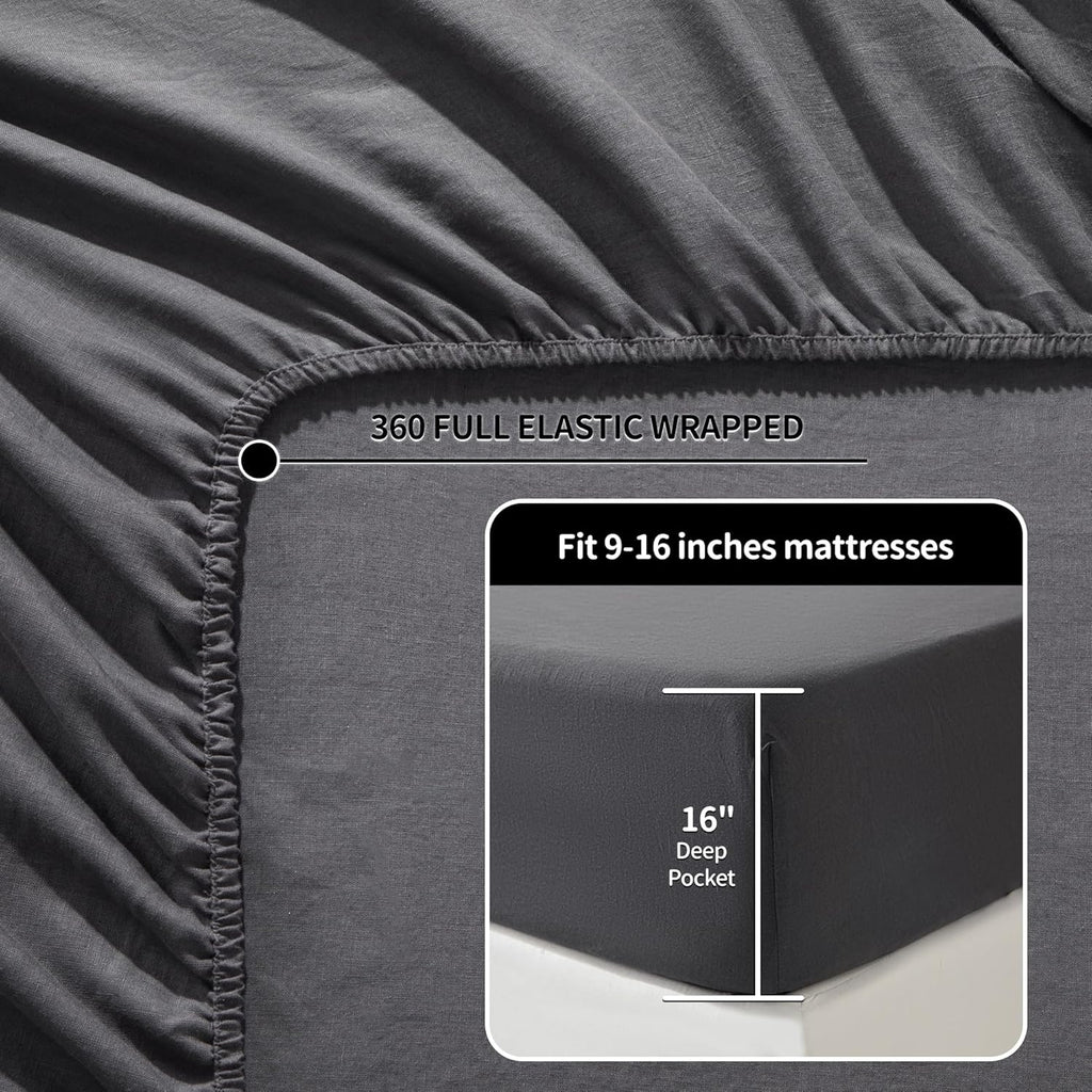 100% French Organic Linen Sheet Set 4Pcs, 16" Deep Pocket Queen Size | Pure Linen Bed Sheet, Natural Flax, Soft Breathable Sheets for Hot Sleepers, Durable, and Cozy for All Seasons, Dark Gray