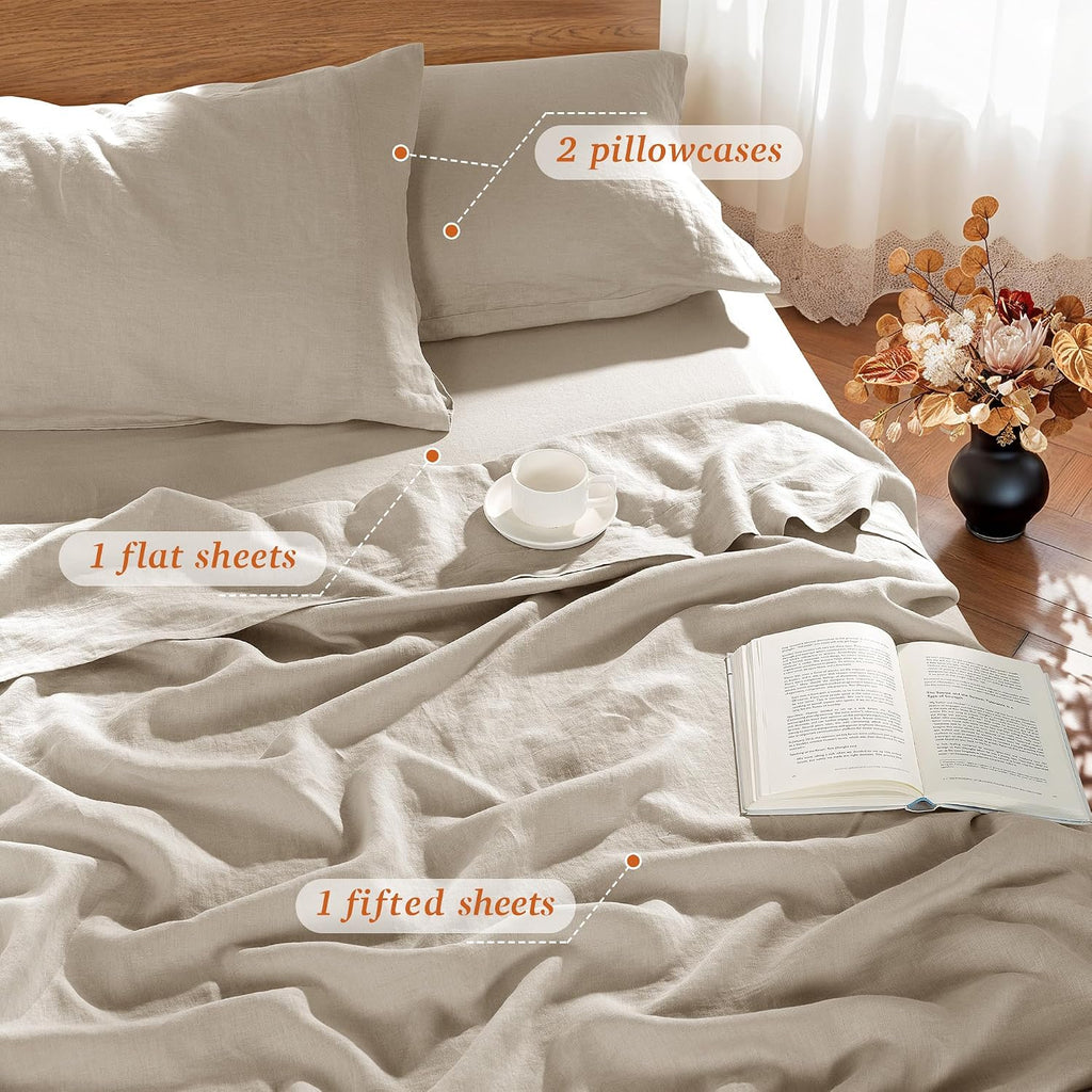 100% French Pure Linen Sheets King Size,Soft & Durable | Breathable for Hot Sleepers,Anti-Tear Linen Bed Sheets,Moisture Wicking,16" Deep Pocket - 4 Piece,Linen