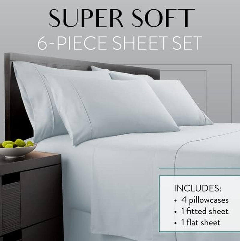 Bed Sheet Set King Size for Hot Sleepers, Hotel Premium Sheets with 4 Pillowcases, Lightweight Brushed Microfiber Deep Pockets, Breathable Cooling 6 Piece Bedding Sets, Ice Blue
