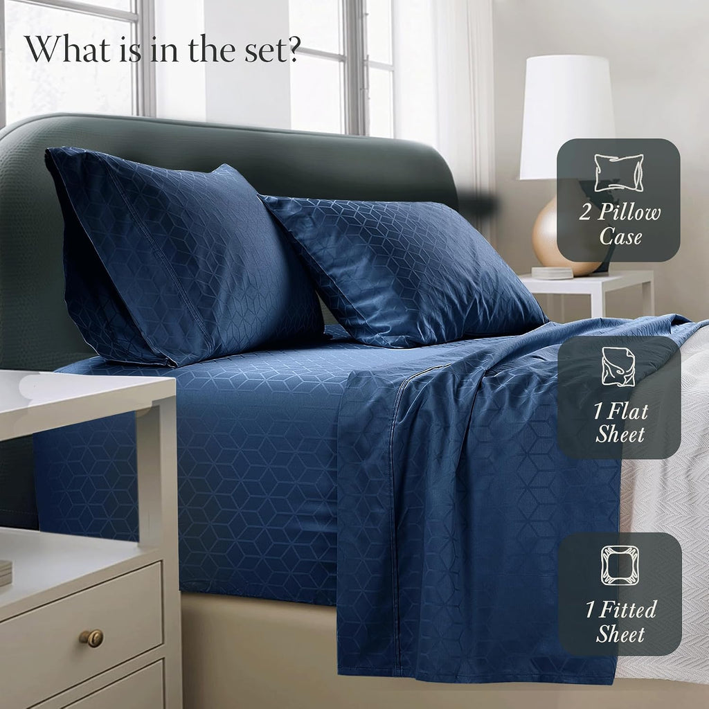 400TC Egyptian Cotton Queen Sheet Set, Jacquard, Folkstone Blue | 100% Egyptian Cotton, Jacquard Pattern, 4-Piece Set, 16" Deep Pocket, Cooling, OEKO-TEX Certified, Machine Washable