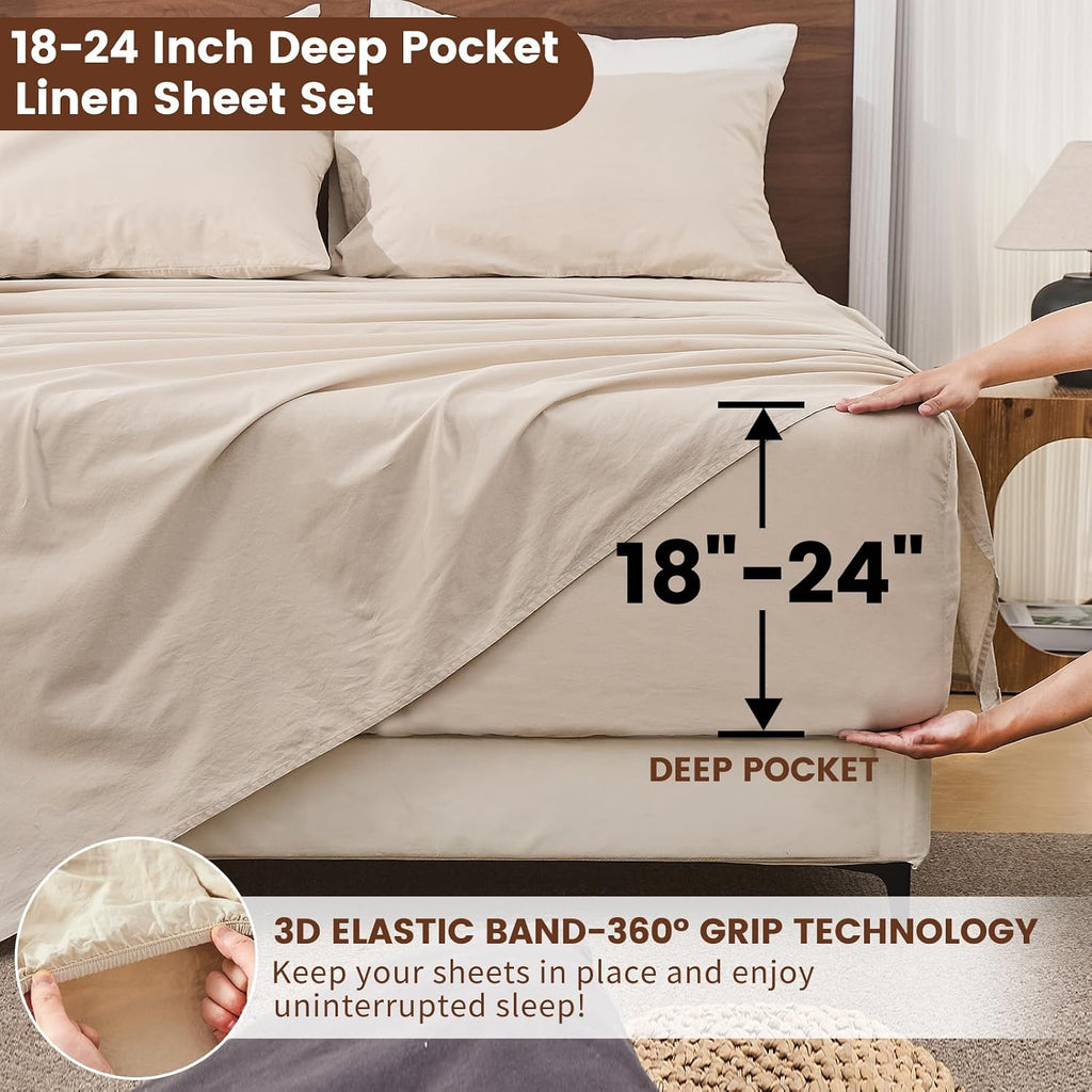 100% French Linen Queen Bedding Set – 18-24" Extra Deep, 4-Piece | Soft & Durable, Breathable & Cooling, Flax Linen Sheet, OEKO-TEX Certified, Moisture Wicking, Easy Care, Machine Washable