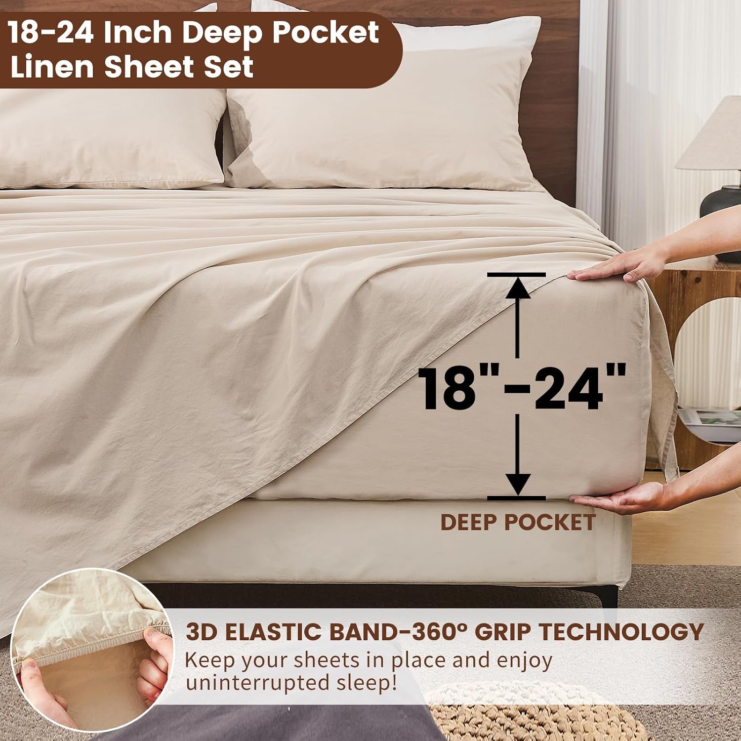 100% French Linen Queen Bedding Set – 18-24" Extra Deep, 4-Piece | Soft & Durable, Breathable & Cooling, Flax Linen Sheet, OEKO-TEX Certified, Moisture Wicking, Easy Care, Machine Washable