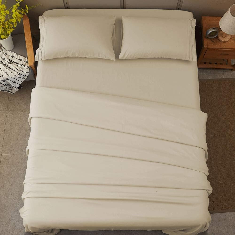 Bed Sheet Set Super Soft Microfiber 1800 Series Luxury Egyptian Sheets 16-Inch Deep Pocket Wrinkle and Hypoallergenic-4 Piece (Beige, Queen)