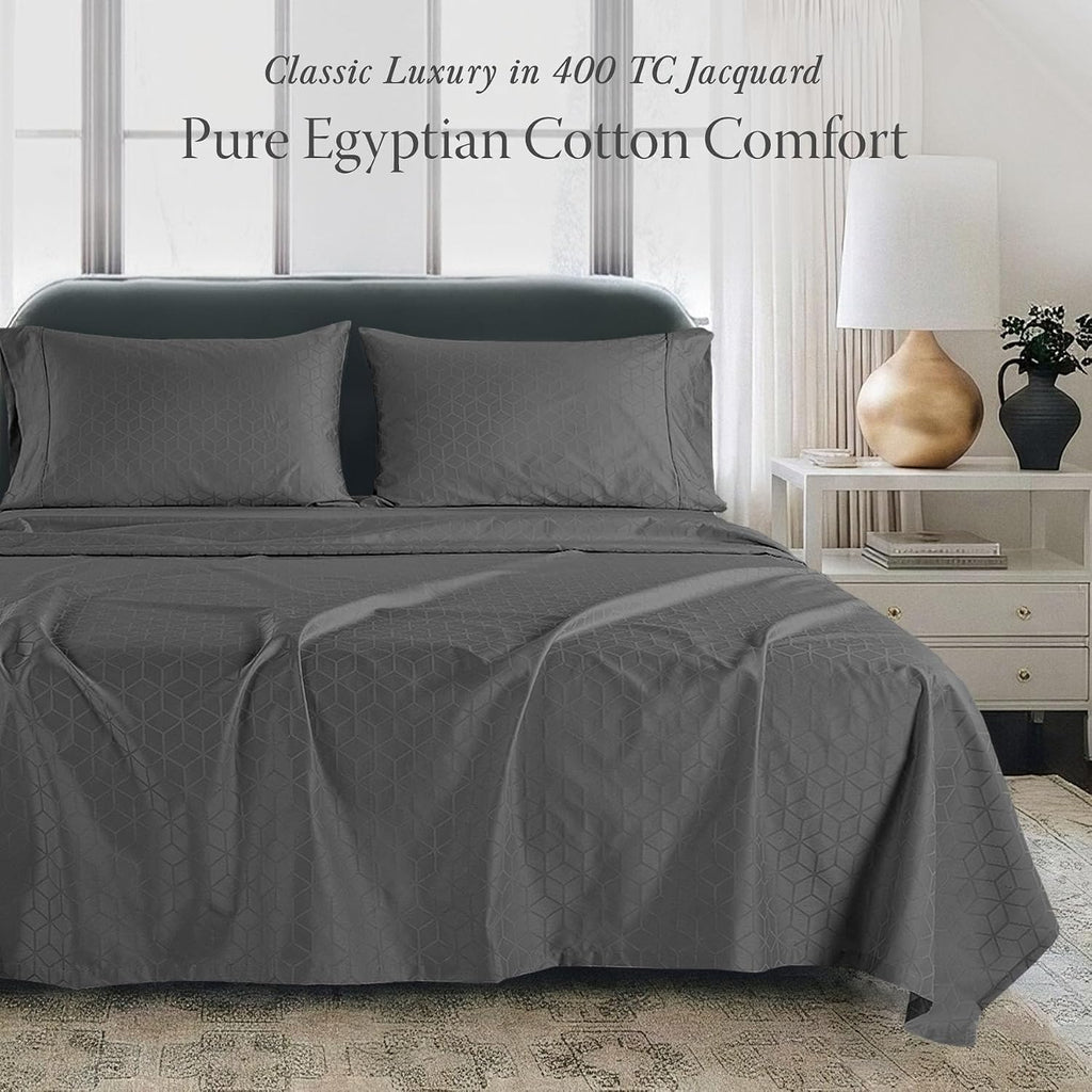 Queen Bed Linen Set, 400 Thread Count Egyptian Cotton, Deep Pocket, Cooling Damask Jacquard, Dark Grey, 4 Piece Set | 100% Egyptian Cotton, Jacquard Pattern, 4-Piece Set, Cooling, OEKO-TEX Certified, Machine Washable