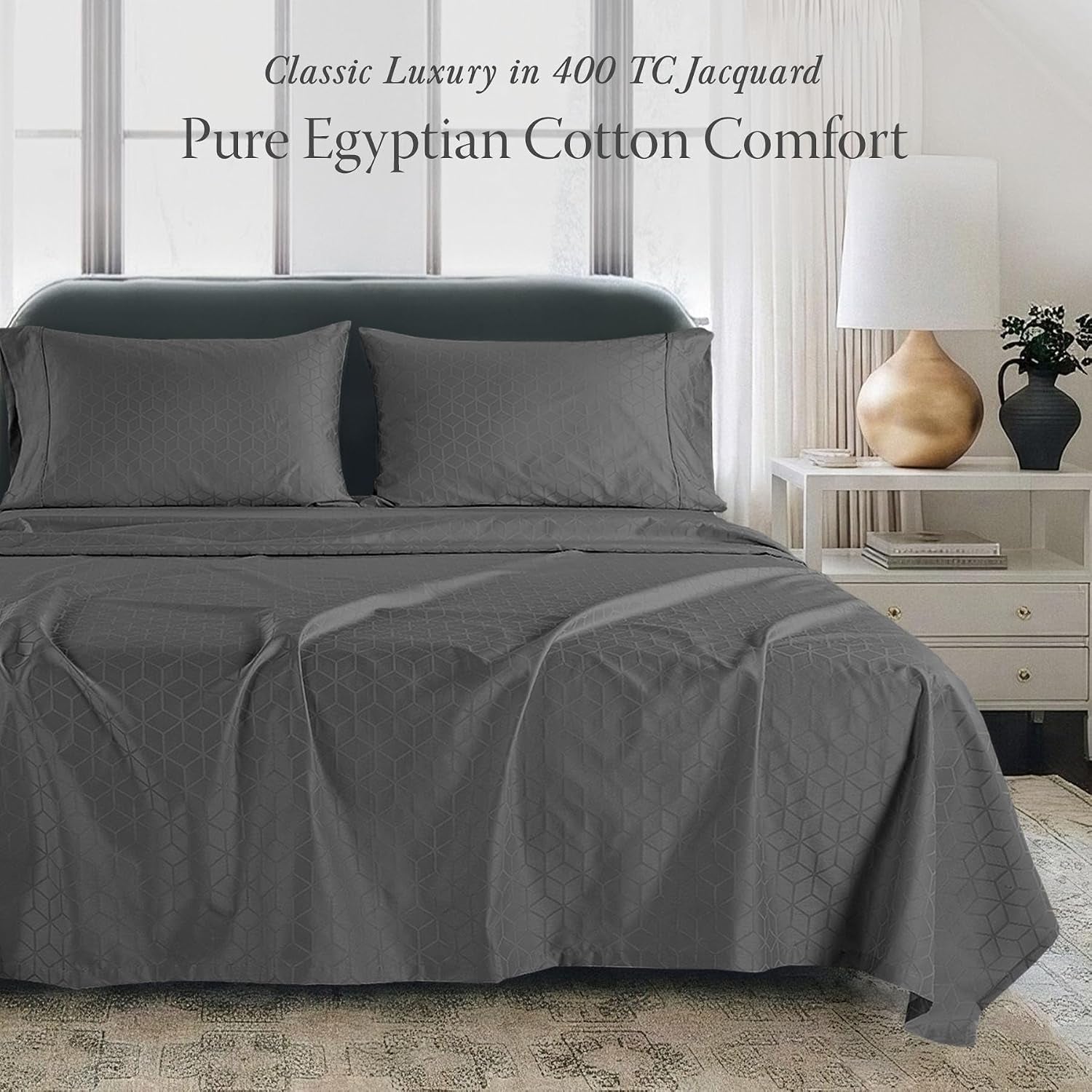 Queen Bed Linen Set, 400 Thread Count Egyptian Cotton, Deep Pocket, Cooling Damask Jacquard, Dark Grey, 4 Piece Set | 100% Egyptian Cotton, Jacquard Pattern, 4-Piece Set, Cooling, OEKO-TEX Certified, Machine Washable