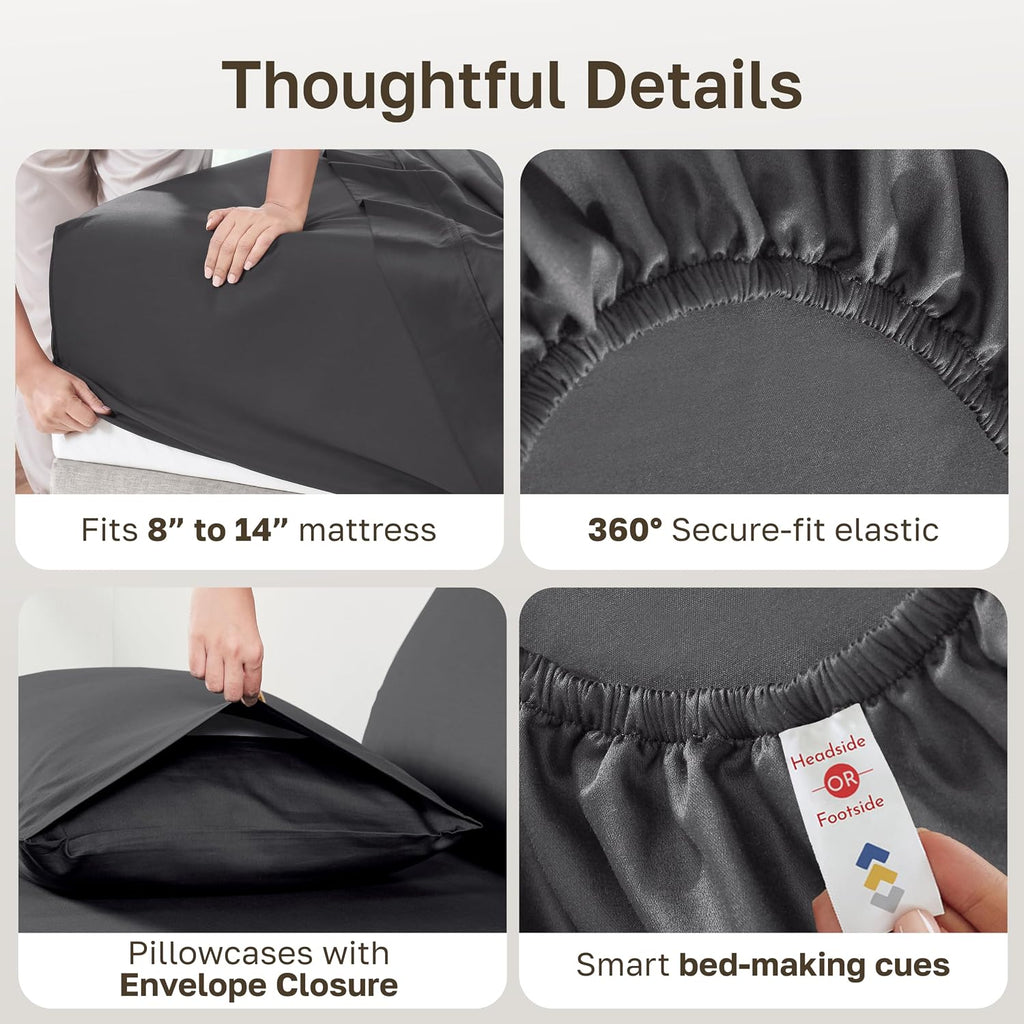 Soft Natural 100% Cotton Sateen Bed Sheets Queen Size, 4 Pc Set, Dark Grey | Backed by Good Housekeeping Seal, Light & Breathable for Hot Sleepers, 14" Deep Pocket, All-Around Elastic, Durable
