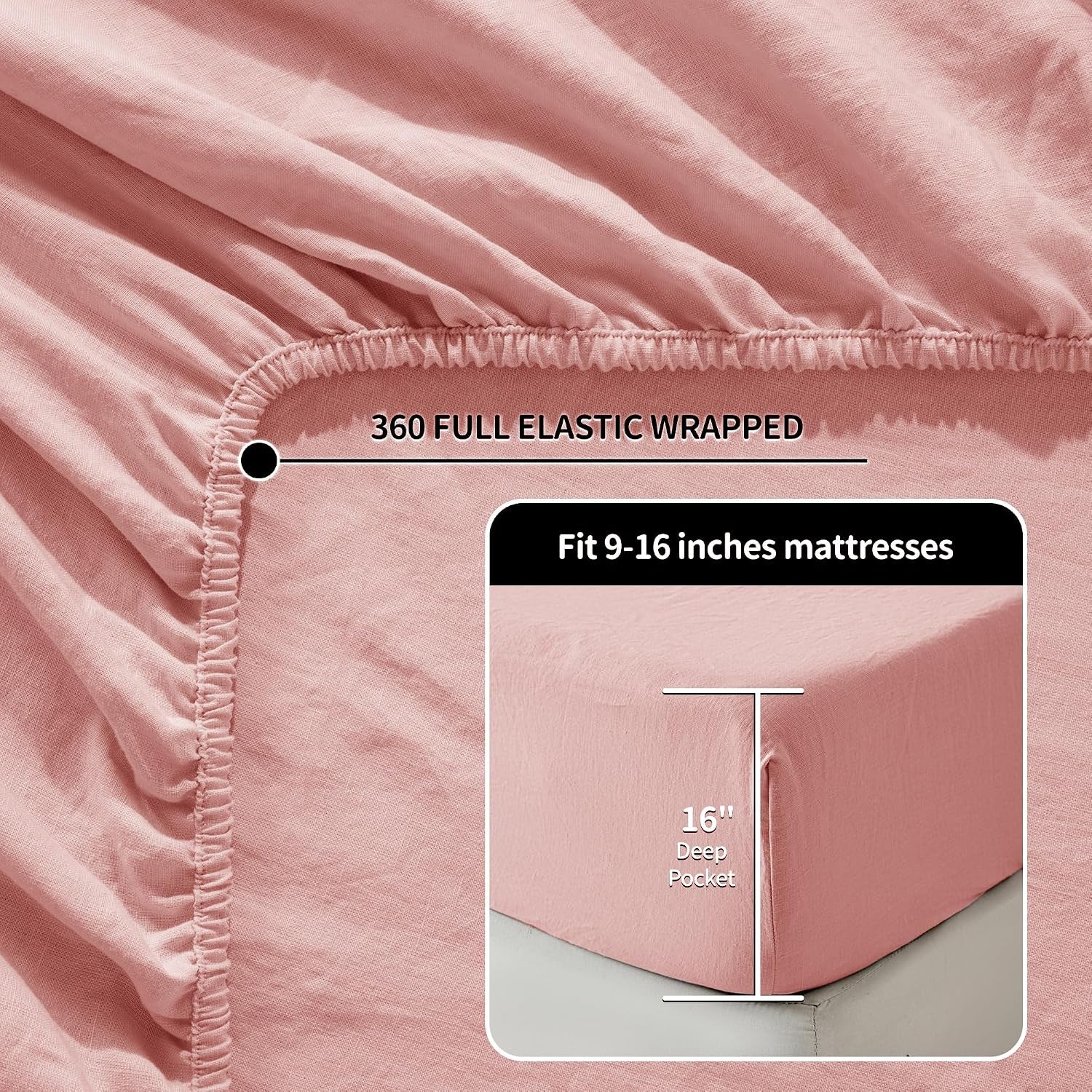 100% French Organic Linen Sheet Set 4Pcs, 16" Deep Pocket Queen Size | Pure Linen Bed Sheet, Natural Flax, Soft Breathable Sheets for Hot Sleepers, Durable, and Cozy for All Seasons, Blush Pink