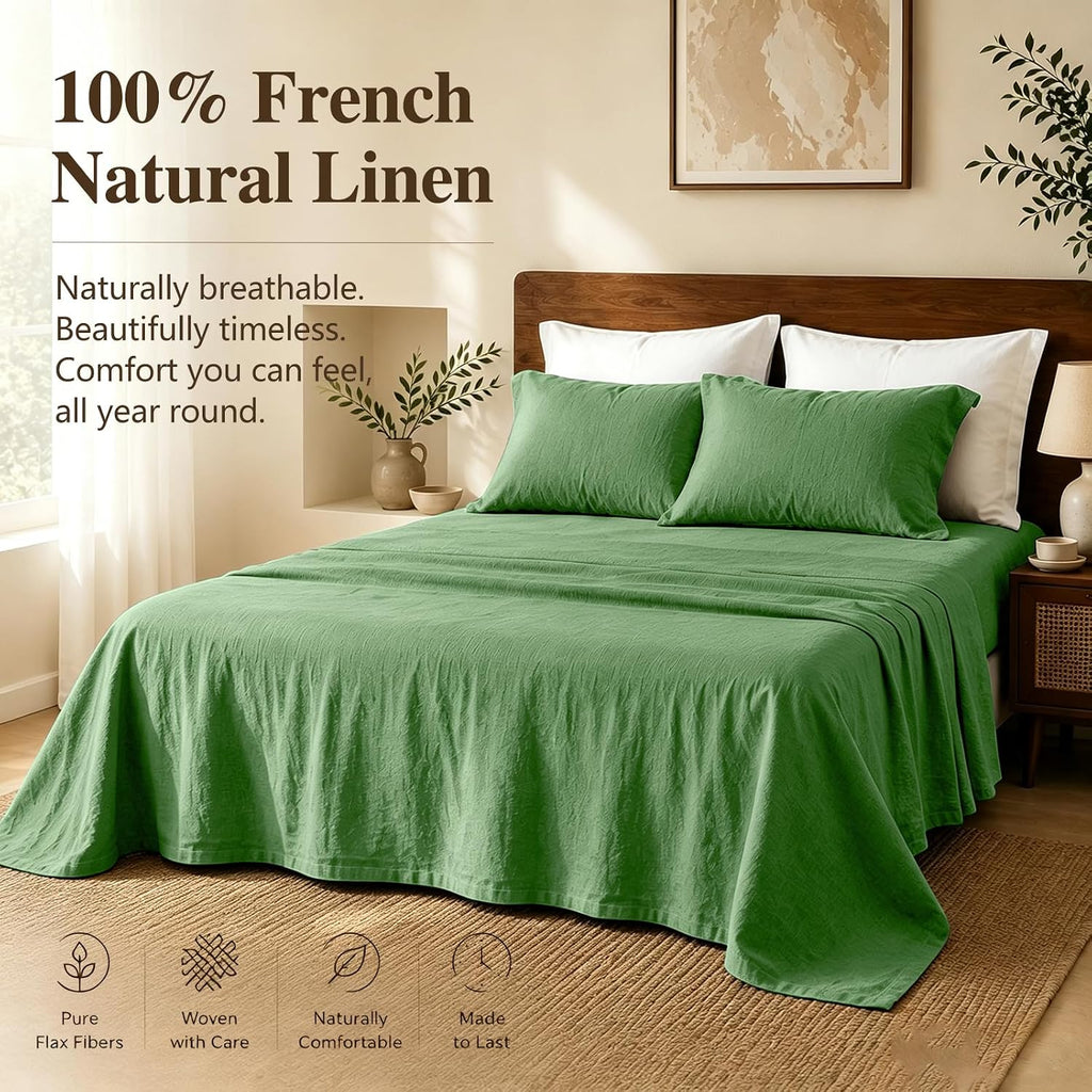 100% French Linen Sheets King,4 Pcs,16" Deep Pocket | Soft Durable Linen Sheets, Breathable, Anti-Tear, OEKO-TEX Certified, Easy Care Machine Washable