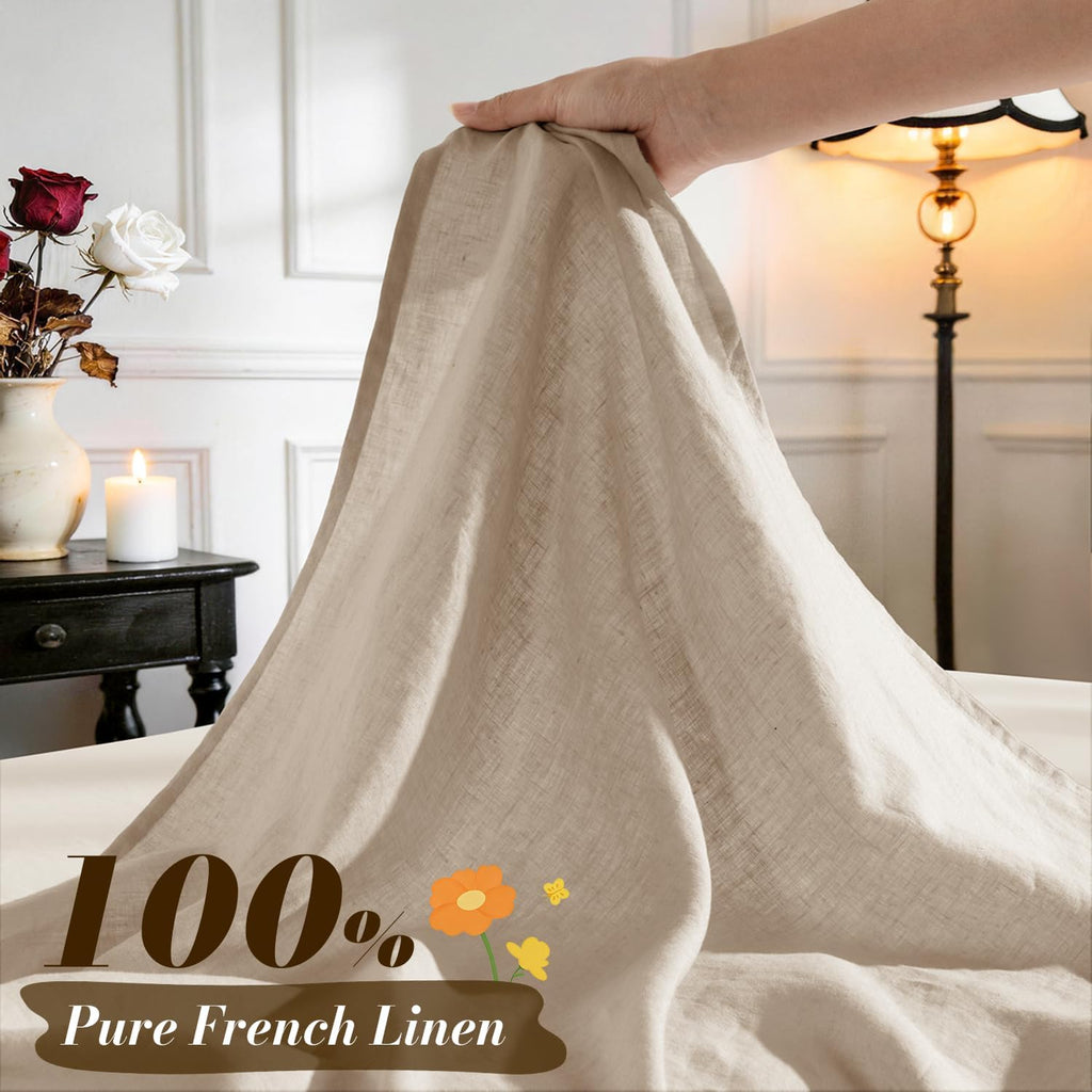 100% French Linen King Size Sheets Set,Natural Flax Bedding | Cooling for Hot Sleepers,Anti-Tear,Breathable Durable,16" Deep Pocket,Machine Washable,4Pc,Natural Linen