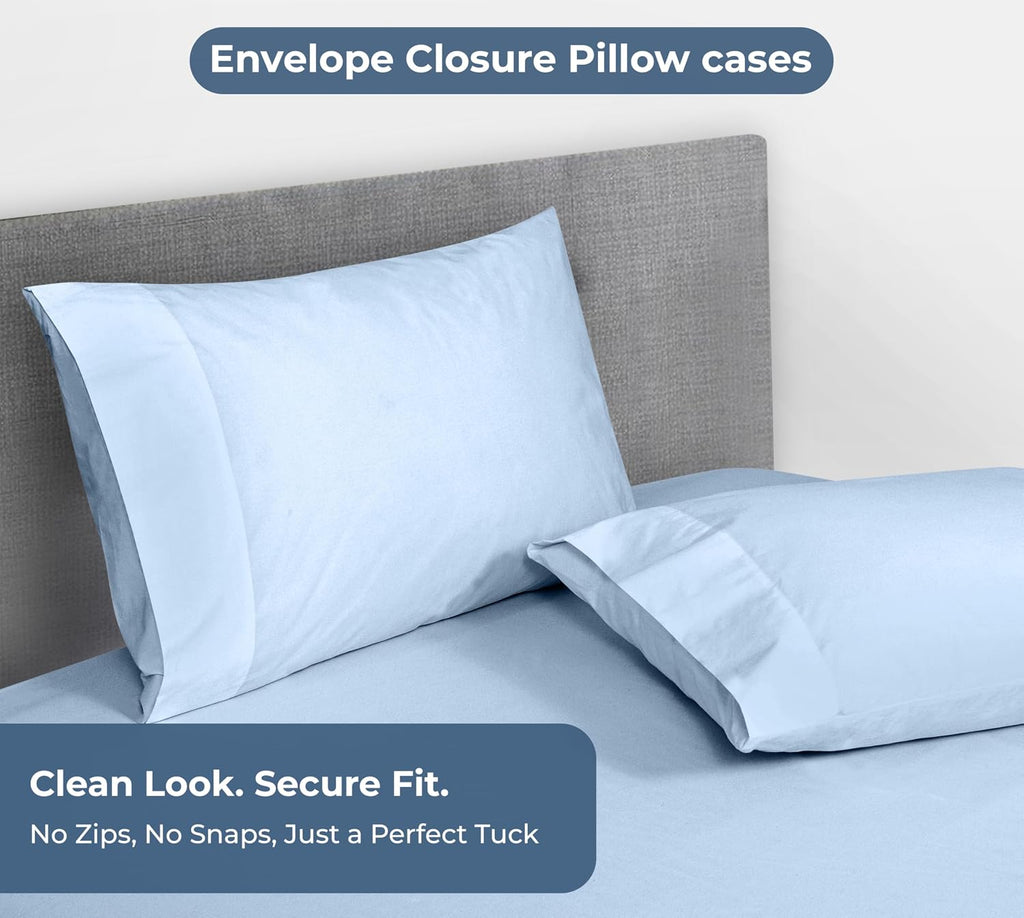Royale Linen Fitted Sheet with Pillowcases - Queen Fitted Sheets with 2 Pillowcases - 300 Thread Count 100% Organic Cotton - Fit Mattress up to 18" Deep - Soft & Breathable - Lake Blue (No Flat Sheet)