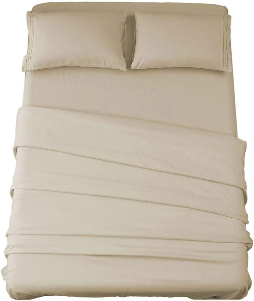 Bed Sheet Set Super Soft Microfiber 1800 Series Luxury Egyptian Sheets 16-Inch Deep Pocket Wrinkle and Hypoallergenic-4 Piece (Beige, Queen)