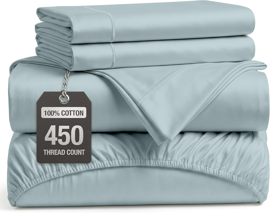 Queen Bed Sheets - 450TC Combed Cotton Sateen Weave, French Blue | Soft & Breathable Queen Sheet Set - Snug 15 Inch Deep Pocket, OEKO-TEX Certified, Everyday Comfort