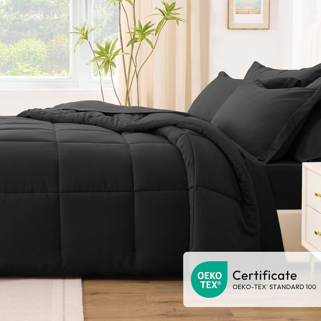 Full Comforter Set Ash Black, 7 Pieces Full Bed in a Bag, All Season Bedding Sets with 1 Comforter, 1 Flat Sheet, 1 Fitted Sheet, 2 Pillowcase and 2 Pillow Sham