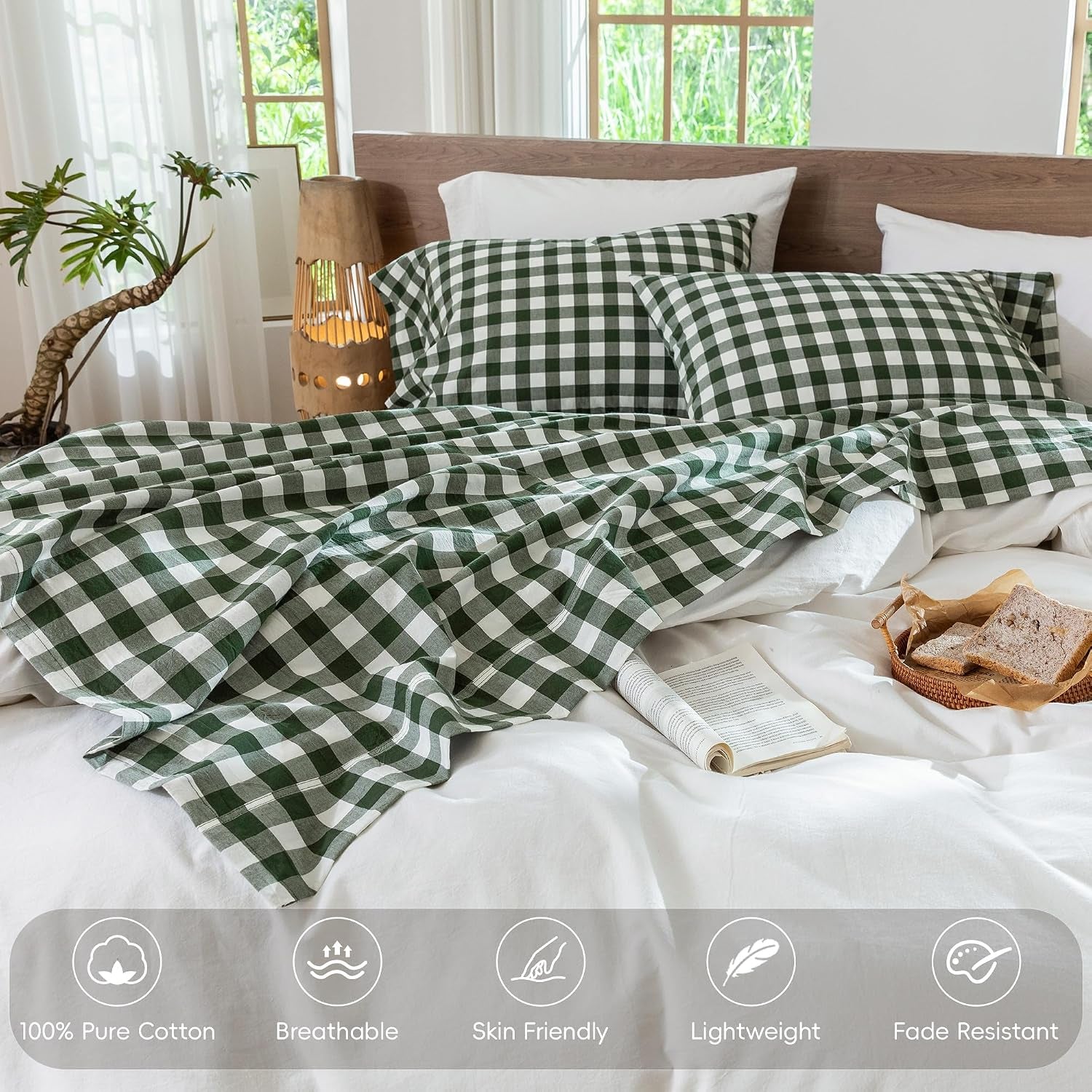 Gingham Sheet Set 100% Washed Cotton Linen-Like Deep Pocket King | Relaxed Linen-Like Texture. Soft, Breathable & Lightweight Comfort. 15–19" Extra Deep Pocket with All-Around Elastic