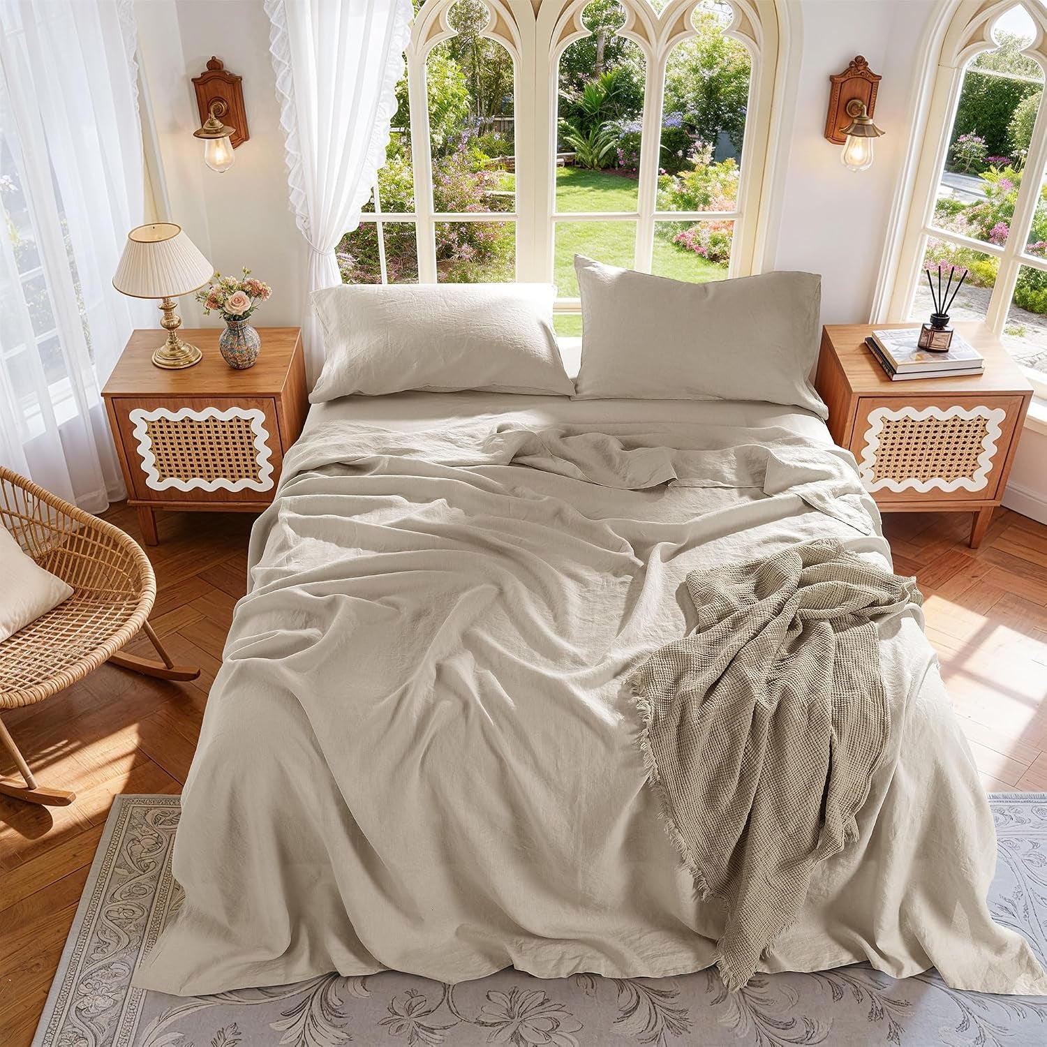 100% French Pure Linen Sheets King Size,Soft & Durable | Breathable for Hot Sleepers,Anti-Tear Linen Bed Sheets,Moisture Wicking,16" Deep Pocket - 4 Piece,Linen