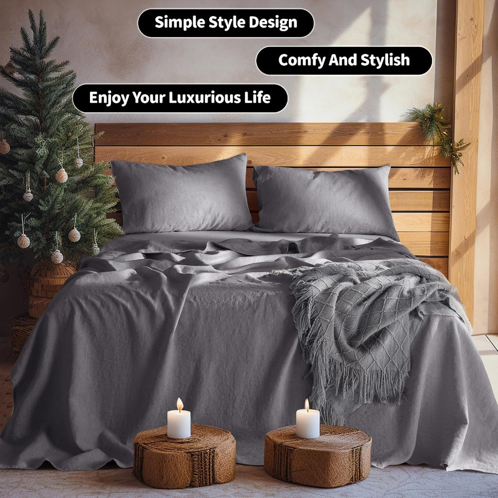100% French Organic Linen Sheet Set 4Pcs, 16" Deep Pocket Queen Size | Pure Linen Bed Sheet, Natural Flax, Soft Breathable Sheets for Hot Sleepers, Durable, and Cozy for All Seasons, Dark Gray