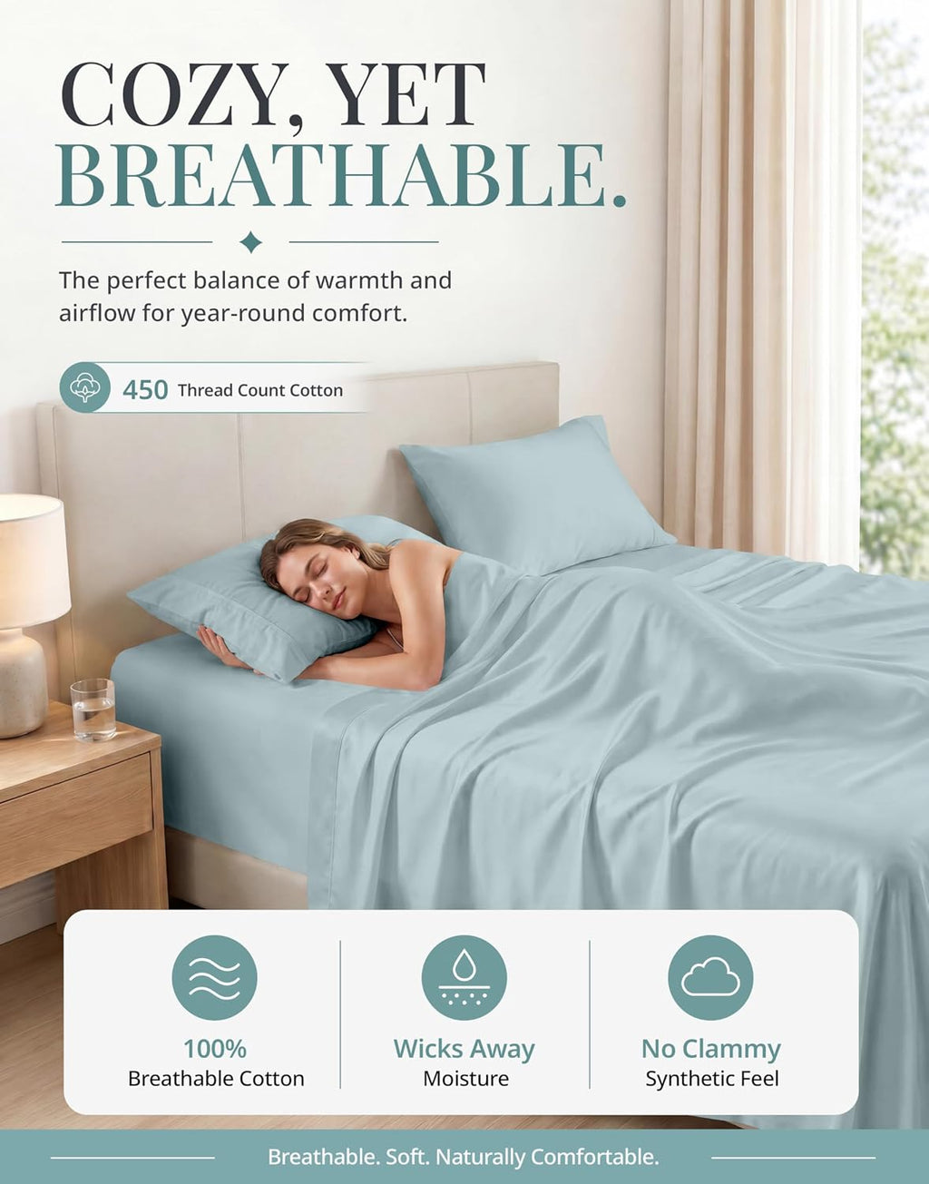 Queen Bed Sheets - 450TC Combed Cotton Sateen Weave, French Blue | Soft & Breathable Queen Sheet Set - Snug 15 Inch Deep Pocket, OEKO-TEX Certified, Everyday Comfort