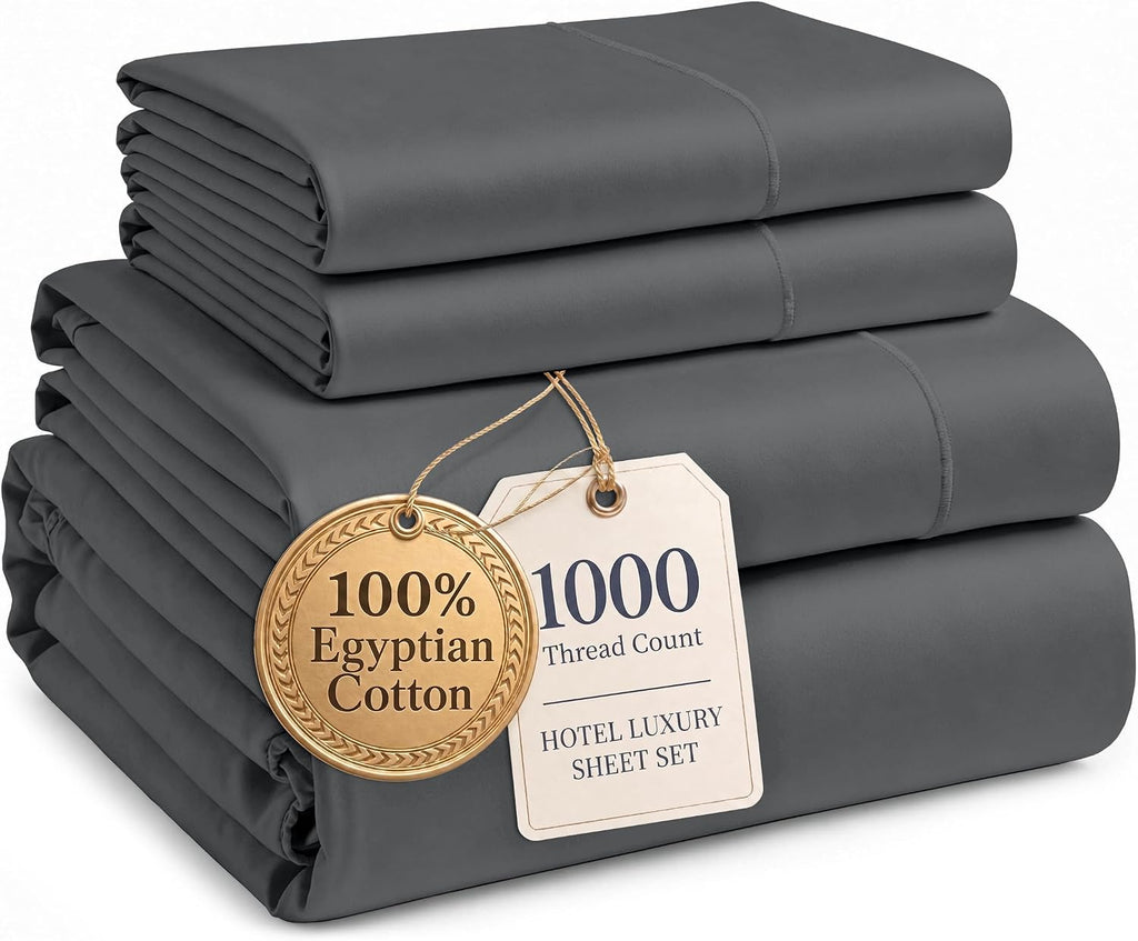 Sheets Queen Size Bed Set 100% Egyptian Cotton Sateen - Charcoal | Cooling Sheets Queen - 4-Piece Set, 16" Deep-Pocket Snug Fit, 1000 Thread Count, Styles a Master Bedroom, Cozy Feel