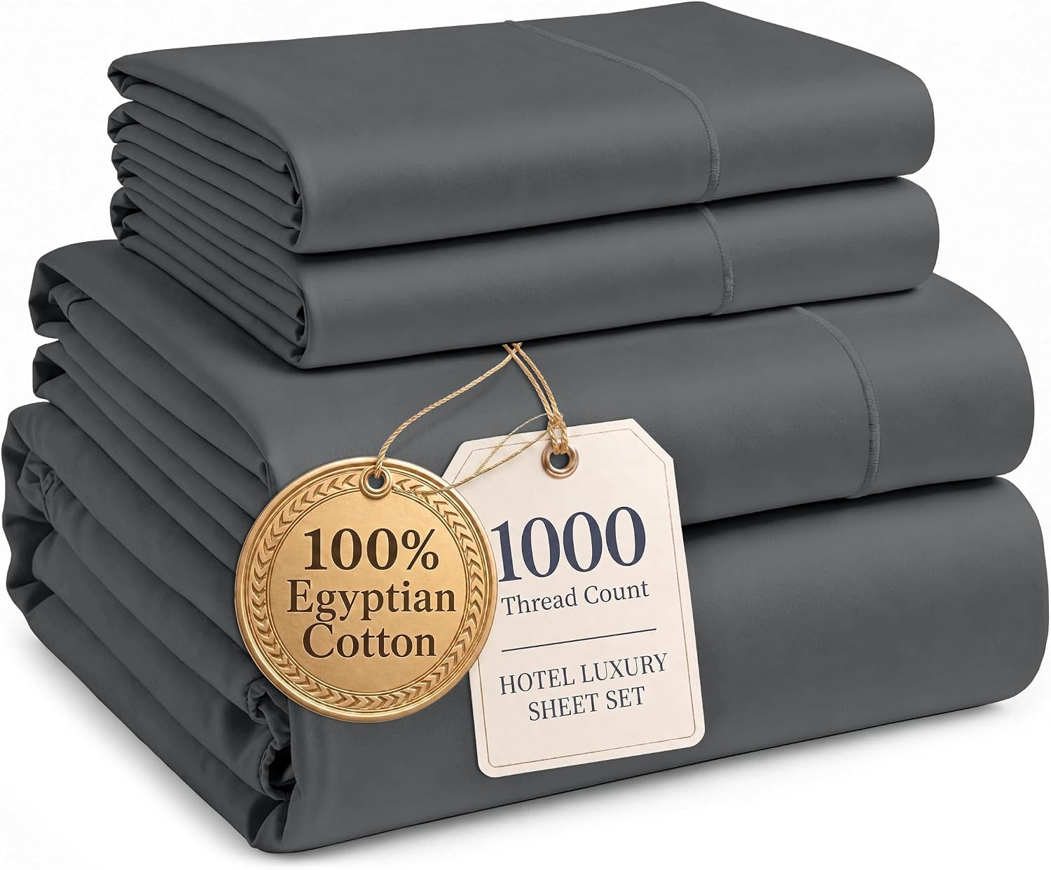 Sheets Queen Size Bed Set 100% Egyptian Cotton Sateen - Charcoal | Cooling Sheets Queen - 4-Piece Set, 16" Deep-Pocket Snug Fit, 1000 Thread Count, Styles a Master Bedroom, Cozy Feel