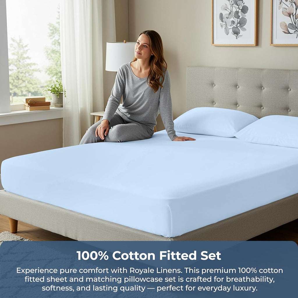 Royale Linen Fitted Sheet with Pillowcases - Queen Fitted Sheets with 2 Pillowcases - 300 Thread Count 100% Organic Cotton - Fit Mattress up to 18" Deep - Soft & Breathable - Lake Blue (No Flat Sheet)