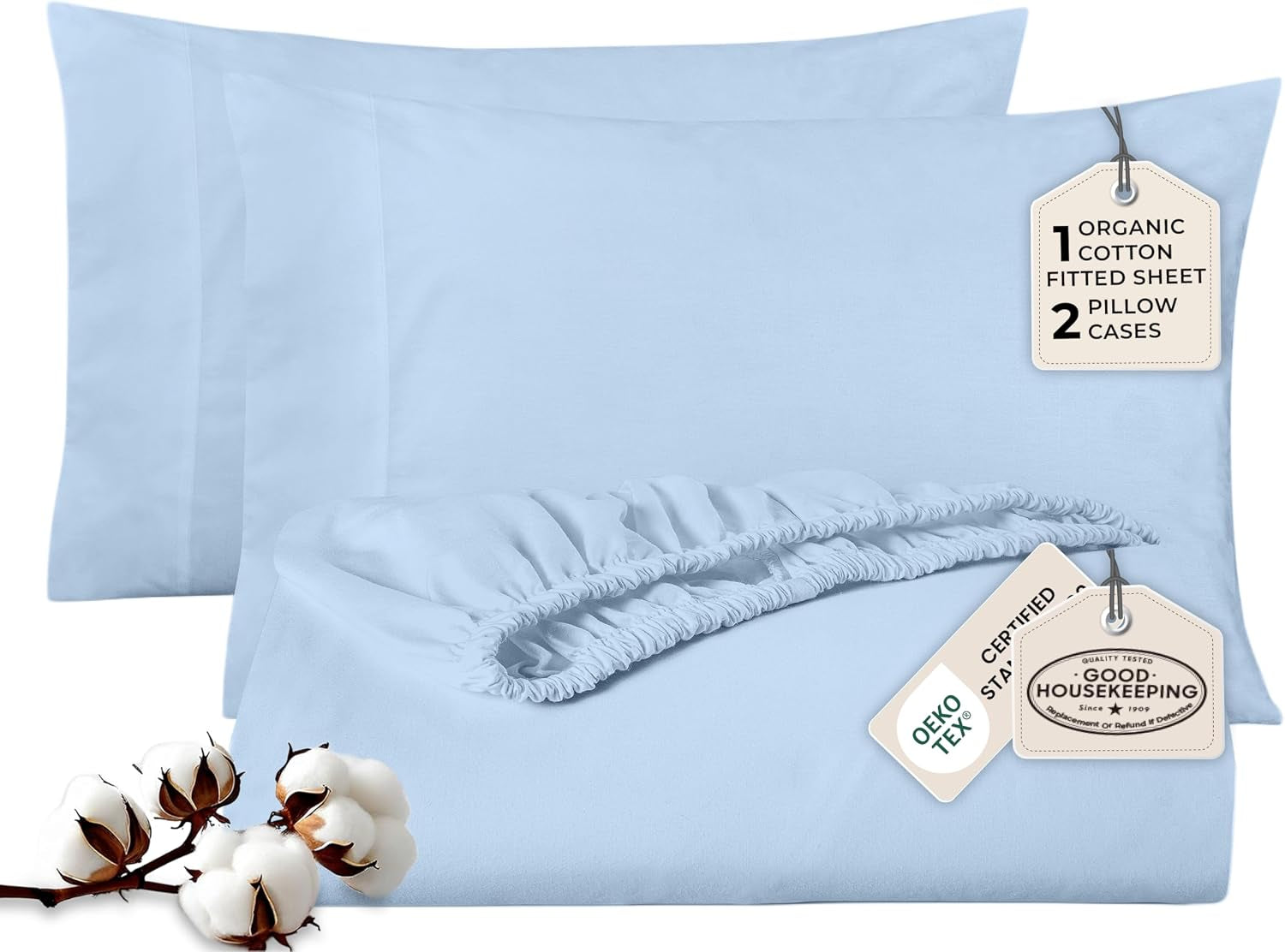Royale Linen Fitted Sheet with Pillowcases - Queen Fitted Sheets with 2 Pillowcases - 300 Thread Count 100% Organic Cotton - Fit Mattress up to 18" Deep - Soft & Breathable - Lake Blue (No Flat Sheet)