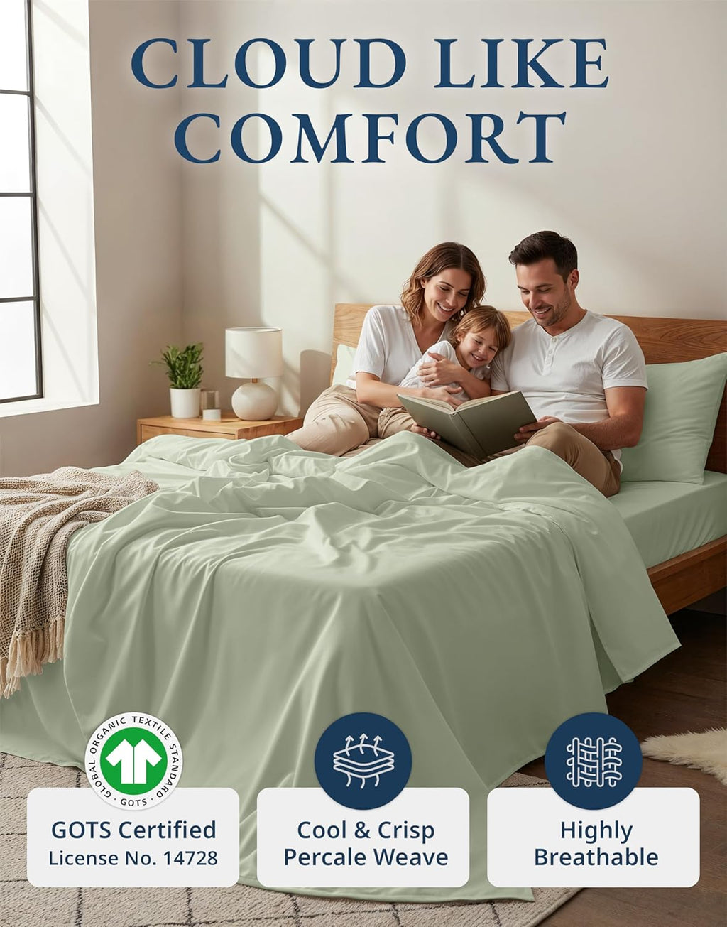 100% Organic Cotton Twin Sheets, Soft & Comfy Percale Weave Mercerized Fully Elasticized Reinforsed Seam Naturally Temperature Regulating Cotton Sheets Twin- Mineral
