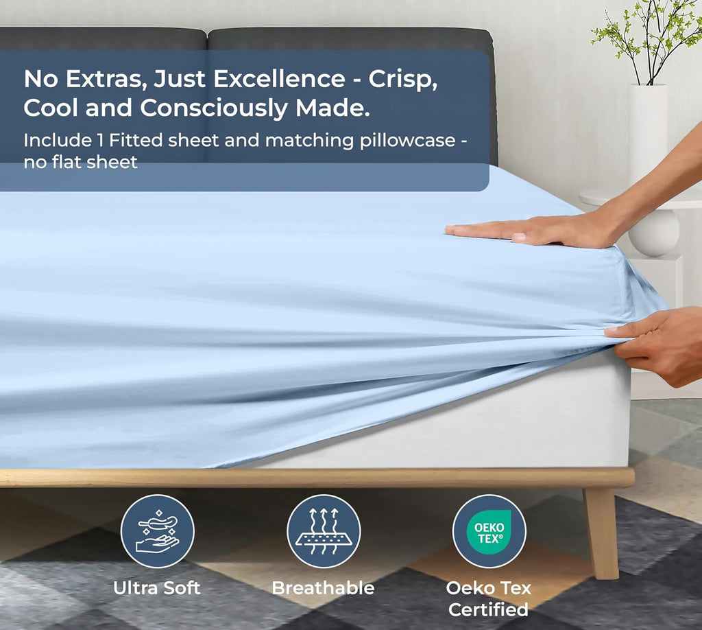 Royale Linen Fitted Sheet with Pillowcases - Queen Fitted Sheets with 2 Pillowcases - 300 Thread Count 100% Organic Cotton - Fit Mattress up to 18" Deep - Soft & Breathable - Lake Blue (No Flat Sheet)