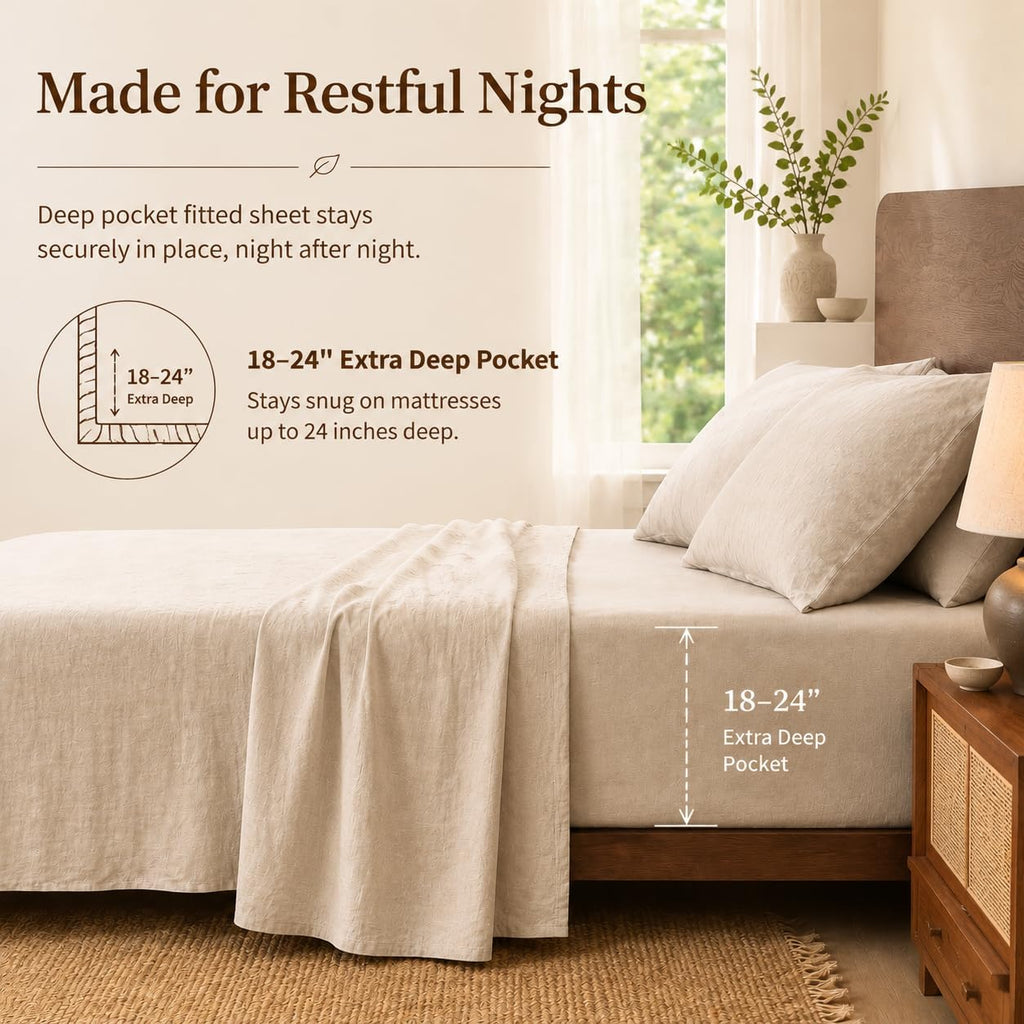 100% French Linen Sheets King,4 Pcs,18-24" Extra Deep Pocket | Soft Durable Linen Sheets, Breathable, Anti-Tear, OEKO-TEX Certified, Easy Care Machine Washable