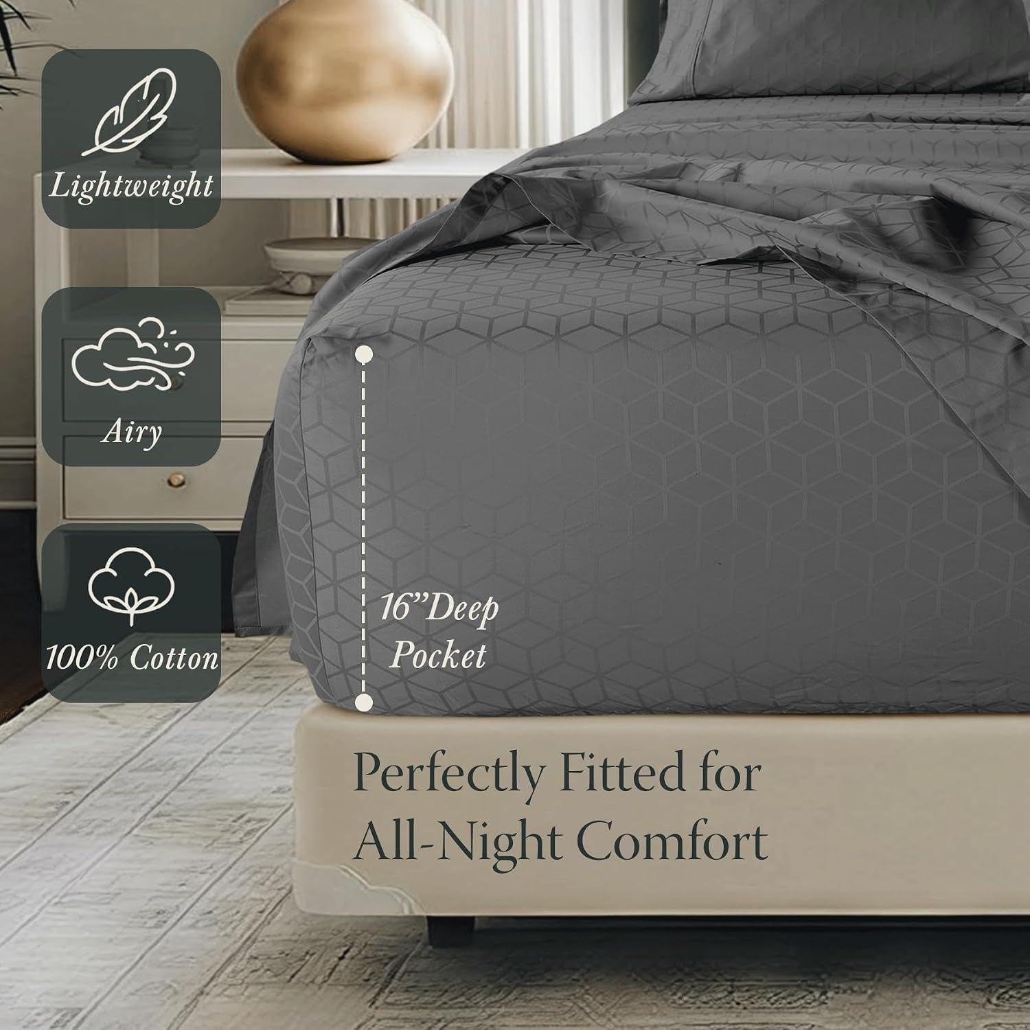 Queen Bed Linen Set, 400 Thread Count Egyptian Cotton, Deep Pocket, Cooling Damask Jacquard, Dark Grey, 4 Piece Set | 100% Egyptian Cotton, Jacquard Pattern, 4-Piece Set, Cooling, OEKO-TEX Certified, Machine Washable