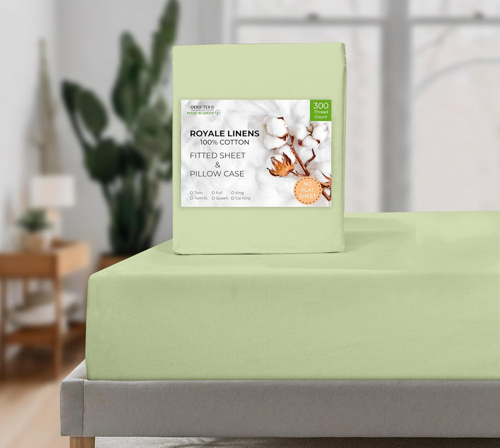 Royale Linen Fitted Sheet with Pillowcases - Queen Fitted Sheets with 2 Pillowcase - 300 Thread Count 100% Organic Cotton - Fit Mattress up to 18" Deep - Soft & Breathable - Sage Green (No Flat Sheet)