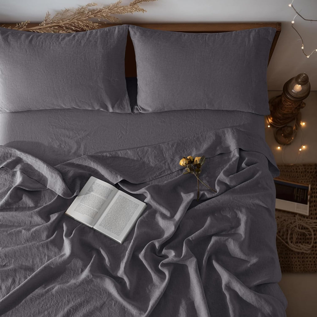 100% French Organic Linen Sheet Set 4Pcs, 16" Deep Pocket Queen Size | Pure Linen Bed Sheet, Natural Flax, Soft Breathable Sheets for Hot Sleepers, Durable, and Cozy for All Seasons, Dark Gray