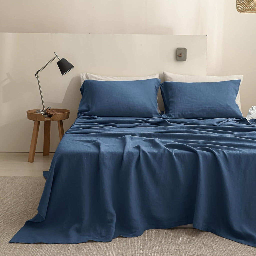 100% Linen Sheets Queen Size Set, 4 Pcs Natural French Linen Bed Sheets, Breathable Soft Durable Bedding Set for All Season (Classic Blue, Queen)