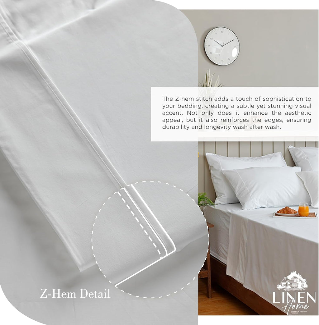 100% Cotton Percale Sheets Queen Size, White, Deep Pocket, 4 Pieces Set - 1 Flat, 1 Deep Pocket Fitted Sheet and 2 Pillowcases, Crisp Cool and Strong Bed Linen