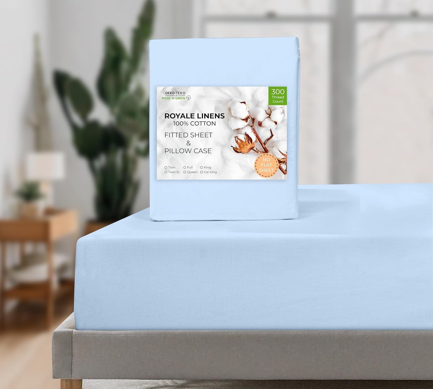 Royale Linen Fitted Sheet with Pillowcases - Queen Fitted Sheets with 2 Pillowcases - 300 Thread Count 100% Organic Cotton - Fit Mattress up to 18" Deep - Soft & Breathable - Lake Blue (No Flat Sheet)