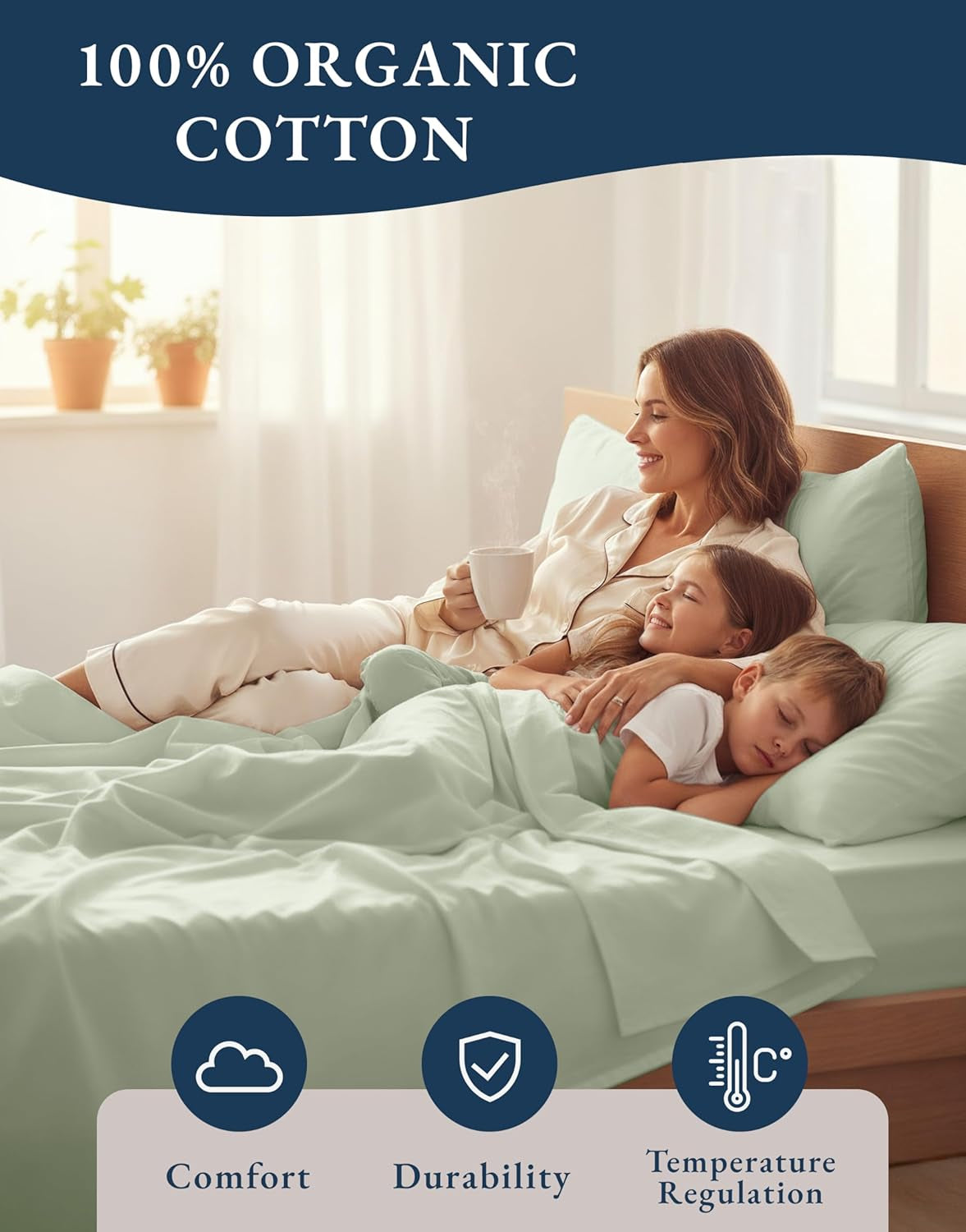 100% Organic Cotton Twin Sheets, Soft & Comfy Percale Weave Mercerized Fully Elasticized Reinforsed Seam Naturally Temperature Regulating Cotton Sheets Twin- Mineral