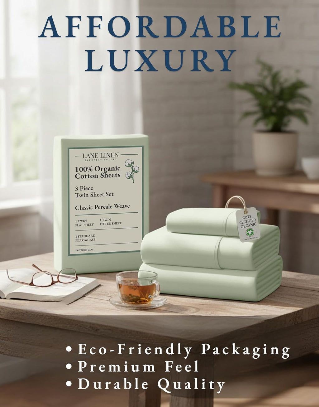 100% Organic Cotton Twin Sheets, Soft & Comfy Percale Weave Mercerized Fully Elasticized Reinforsed Seam Naturally Temperature Regulating Cotton Sheets Twin- Mineral